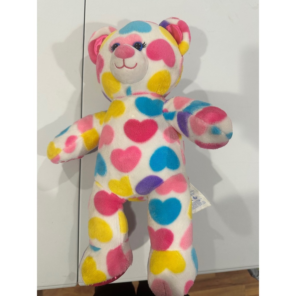 Build-A-Bear Workshop Colorful Hearts Teddy Bear Plush Pink Blue Yellow 10/19